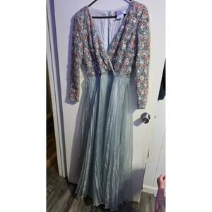 Jonathan Tait Vintage Sequin Floral Lace Pleated Maxi Dress Blue Size 8 Formal